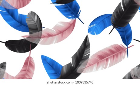 Seamless pattern, black, blue and pink feathers on white background