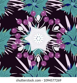 Seamless pattern with black, blue and violet flowers and leaves, abstract floral pattern. Tileable vector pattern for wallpaper, cards or fabric.