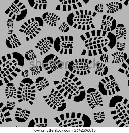 seamless pattern with black boot or shoes print pattern on gray background. Grunge shoe sole texture design for posters, crime scenes, trail art, military, hiking, or urban camouflage.