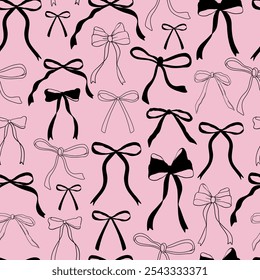 Seamless pattern with black bow knots. Elegance print design. Trendy hair braiding accessory on pink background. Editable vector illustration for wrapping paper, packaging, fabric, phone case etc. 