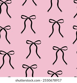 Seamless pattern with black bow knots. Elegance print design. Trendy hair braiding accessory on pink background. Vector illustration for wrapping paper, packaging, fabric, wallpaper, phone case etc. 