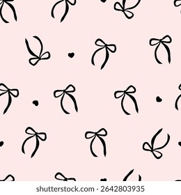 Padrão contínuo com nós de arco preto. Design de impressão elegante. Trendy cabelo trançando acessório em fundo rosa. Ilustração vetorial para papel de embrulho, embalagem, tecido, papel de parede, telefone cas