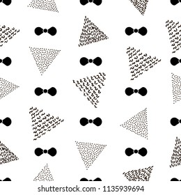 Seamless pattern with black bow tie and triangles on the white background . Vector illustration