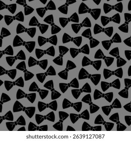 Seamless pattern of black bow ties on a gray background. Elegant and simple design, ideal for fashion, packaging, and decoration themes