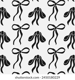 Seamless pattern with black bows. Gift ribbons in hand drawn and flat styles. Fashionable vector illustration. Bows for gift wrapping, background, fabric, textile. Coquette core cute trendy design