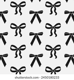 Seamless pattern with black bows. Gift ribbons in hand drawn and flat styles. Fashionable vector illustration. Bows for gift wrapping, background, fabric, textile. Coquette core cute trendy design