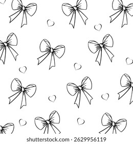 Seamless pattern of black bows and hearts. Vector illustration.