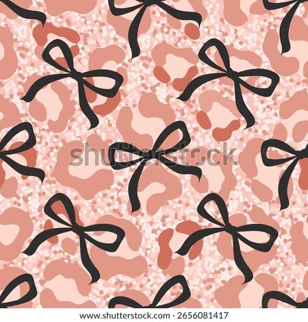 Seamless pattern of black bows with leopard print details on a glitter sparkle background. Perfect for fashion prints, digital paper, party designs, packaging, and glam-style accessories.  