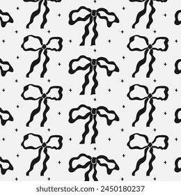 Seamless pattern with black bows and stars. Gift ribbons in hand drawn and flat styles. Fashionable vector illustration. Bows for gift wrapping, background, fabric, textile. Coquette core cute design