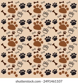 Seamless pattern with black and brown dog paw prints with dog bones on a cream background. Vector illustration