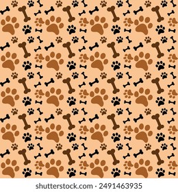 Seamless pattern of black and brown dog paw prints with dog bones on a cream background. Vector illustration