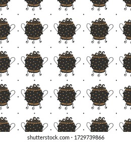 Seamless pattern from black brown witchcraft cauldrons with magical potion boiling in them on a white background. Endless elegant mystical texture. Ancient utensil. Cast iron pots. Vector.