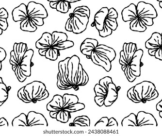 Seamless pattern with black brush flowers on a white background. Ink drawing of wild plants, herbs or flowers. Abstract organic background.