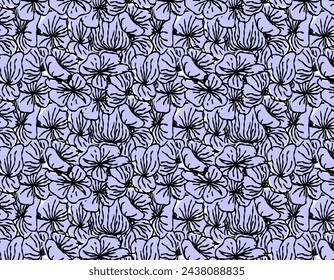 Nahtloses Muster mit schwarzen Pinselblumen. Tintenzeichnung von Wildpflanzen, Kräutern oder Blumen. Abstrakter organischer Hintergrund.