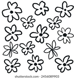 Seamless pattern with black a brush flowers,Hand drawn monochrome ornaments with linear flowers.Geunge floral elements,Ink drawing wild plants, herbs or flowers.organic background. 
