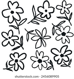 Seamless pattern with black a brush flowers,Hand drawn monochrome ornaments with linear flowers.Geunge floral elements,Ink drawing wild plants, herbs or flowers.organic background. 
