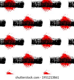 Seamless pattern with black brush strokes and round rough splashes isolated on white background. Abstract Japanese style vector wallpaper. Hand-drawn grunge texture. 