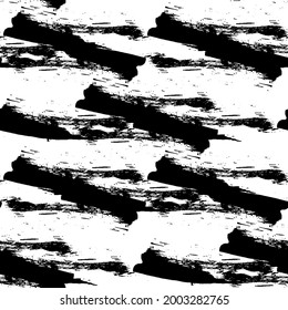 Seamless pattern with black brush strokes. Hand drawn curved and wavy lines with grunge circles. Chaotic ink brush scribbles decorative texture. Messy doodles, bold curvy lines illustration.