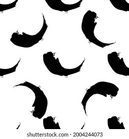 Seamless pattern with black brush strokes. Hand drawn curved and wavy lines with grunge circles. Chaotic ink brush scribbles decorative texture. Messy doodles, bold curvy lines illustration.