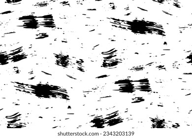 Seamless pattern with black brush strokes, paint and ink blots on a white background. Abstract graphic design, repeat texture with paint strokes in grunge style. Vector illustration in two colors.