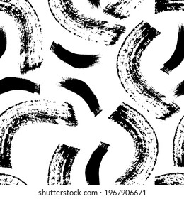 Seamless pattern with black brushstrokes in abstract shapes on white background. Abstract ink grunge texture. Vector illustration