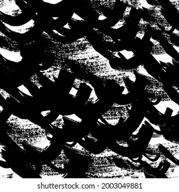 Seamless pattern with black brushstrokes in abstract shapes on white background. Abstract ink grunge texture. Vector illustration