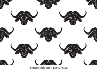 Seamless pattern of black buffalo head drawing on white background