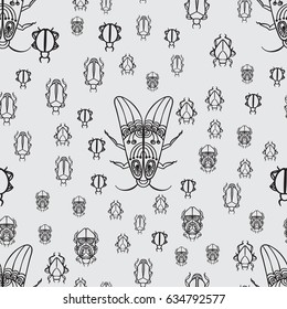 Seamless pattern with black bugs on a light gray background