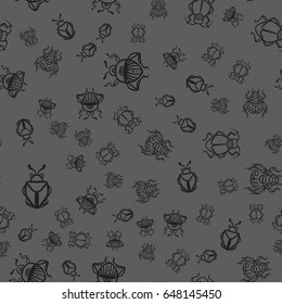 Seamless pattern with black bugs on a gray background