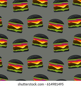 Seamless pattern with black burgers on a grey background