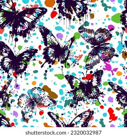 Patrón sin foco de mariposas negras y puntos de color sobre un fondo blanco. Ilustración del vector
