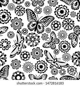 Seamless pattern, black butterflies and flowers on a white background
