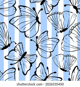 Seamless pattern black butterfly on stripes. For card, textile, fabric, cloth, wrapping, scrapbooking, wallpaper