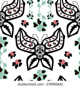 Seamless pattern with black butterfly and skull and with curly stylized flowers on white background. Day of the dead sugar skull. Mexican skull. Dia de los muertos skull illustration. 