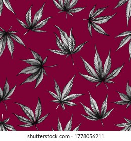  Seamless pattern of black cannabis on a red background.Marijuana pattern on red background.Design for textiles, paper