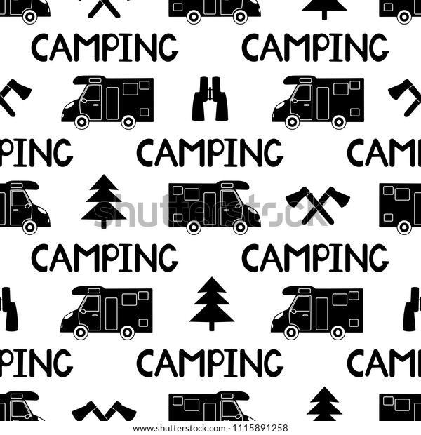 Seamless pattern with\
black car, ax ,fir-tree and words camping on the white background.\
Vector illustration
