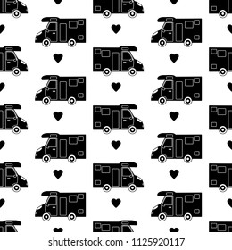 Seamless pattern with black car and hearts on the white background. Vector illustration