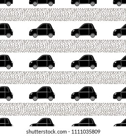 Seamless pattern with black cars and dots on the white background. Vector illustration