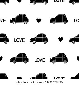 Seamless pattern with black cars, hearts and words Love. Vector illustration