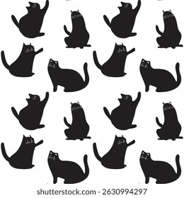 Seamless pattern of black cartoon cats in playful poses, minimal silhouette style, animal repeat, white background