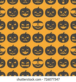 Seamless pattern from black cartoon emotion, smiling pumpkins and in sunglasses. Design for packaging, textiles, banners, invitations to a Halloween party. Background. Vector illustration.