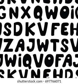 Seamless pattern with black cartoon letters on white background. Good for surface design, cover, textile, fabric. Vector illustration.