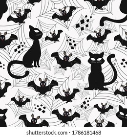 Seamless pattern black cat, bat, spider web on white background seamless pattern creative background design websites Wallpaper covers wrappers