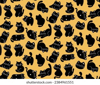 Seamless Pattern black cat cartoon silhouette in a kawaii minimal design, isolated on yellow background