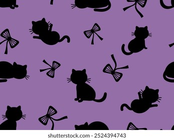 Seamless pattern with black cat cartoon and ribbon bows on purple background vector.