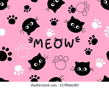 Seamless pattern with black cat cartoons and paw print on pink background vector illustration.