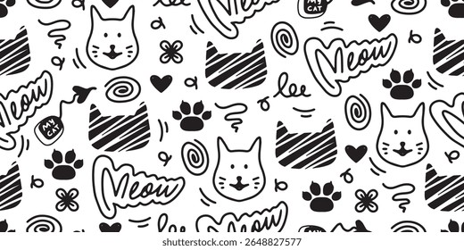 Seamless pattern with black cat cartoons and heart in doodle style on white background. vector illustration.