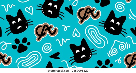 Seamless pattern with black cat cartoons and heart in doodle style on blue background. vector illustration.