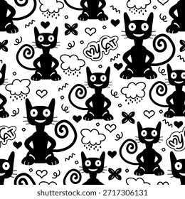 Seamless pattern with black cat cartoons and heart in doodle style on white background. vector illustration.