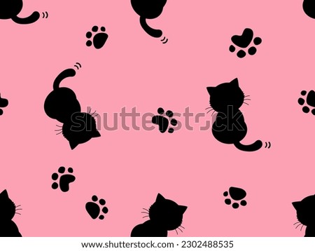 Seamless pattern with black cat cartoons and paw prints on pink background vector illustration.